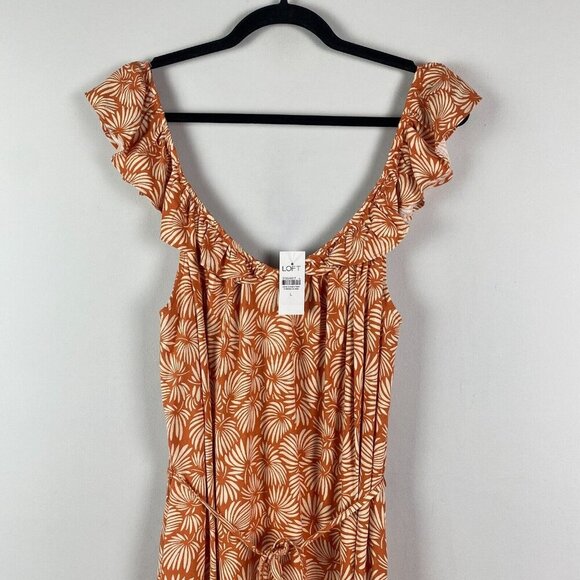 Loft Leafed Flutter Strap Pocket Midi Dress Large Orange Tie Waist Side Slit - Picture 2 of 12